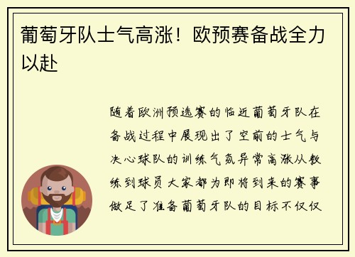 葡萄牙队士气高涨！欧预赛备战全力以赴
