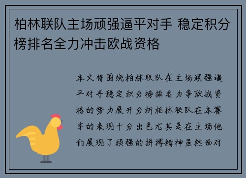 柏林联队主场顽强逼平对手 稳定积分榜排名全力冲击欧战资格