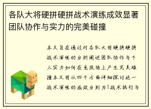 各队大将硬拼硬拼战术演练成效显著团队协作与实力的完美碰撞