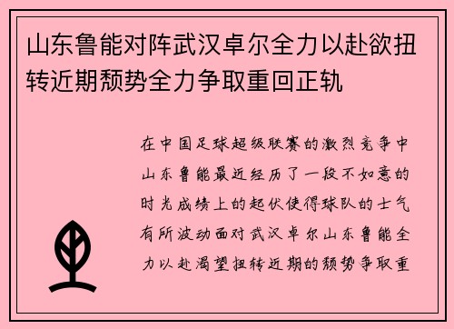山东鲁能对阵武汉卓尔全力以赴欲扭转近期颓势全力争取重回正轨