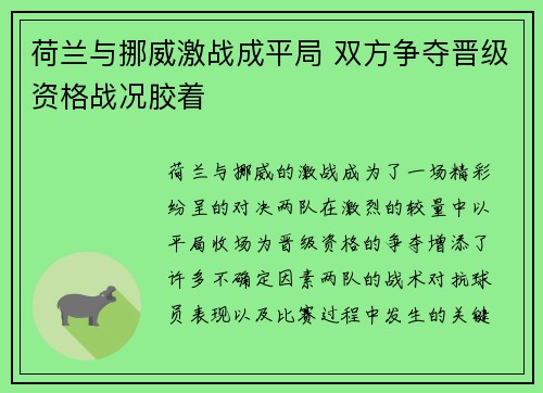 荷兰与挪威激战成平局 双方争夺晋级资格战况胶着